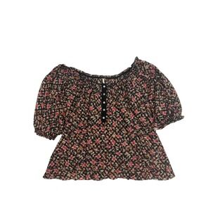 Free People Blouse Top Womens Large Boho Peasant Puff Sleeve Floral